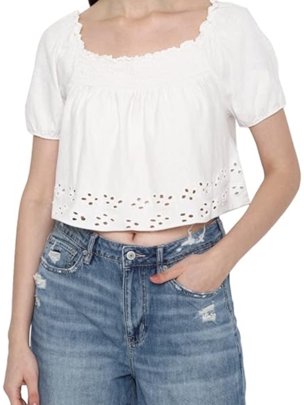 American Eagle Women’s XS White Smocked Crop Top Eyelet Cottagecore Boho EUC